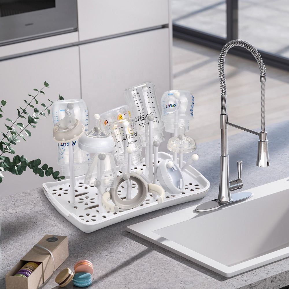 Elk and Friends Stainless Steel Baby Bottle Drying Rack - Countertop Dryer  Rack with Drainer - Glasses, Mason Jars & Sippy Cup Organizer (White Tray)